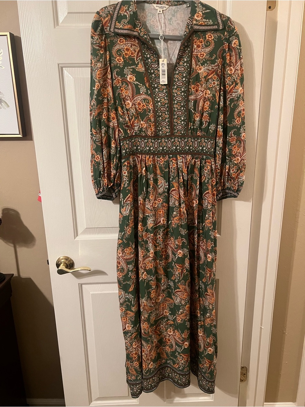 NWT Max Studio Boho Multicolor Paisley 3/4 Sleeve Midi Dress with Collar Size XS